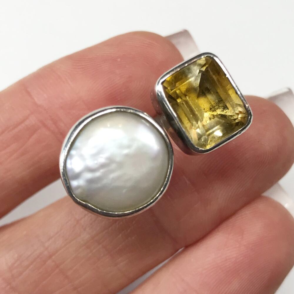 NF Signed Citrine Coin Pearl 925 Sterling Silver Mod Heavy Chunky Cocktail Ring